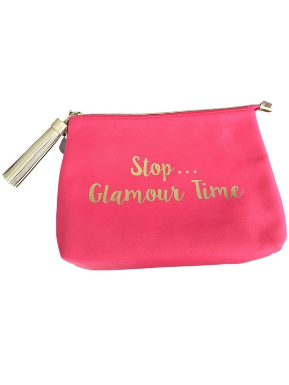 Tassel clutch make up bag “stop…glamour time” hot pink & gold zipper NWT